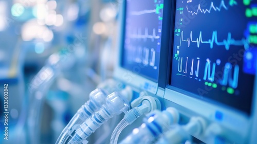 Hospital ICU monitors and breathing equipment