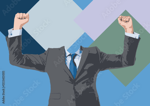 015-36-Faceless businessman raising fists in celebration, symbolizing success, achievement, and power . Hand drawn Illustration