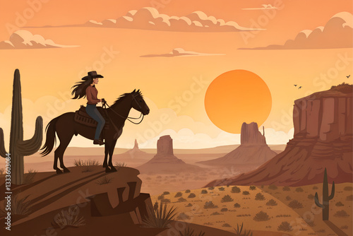 Arid desert background with orange sun in the evening. Silhouette of a long-haired cowgirl riding a horse standing on a cliff and watching the sunset.