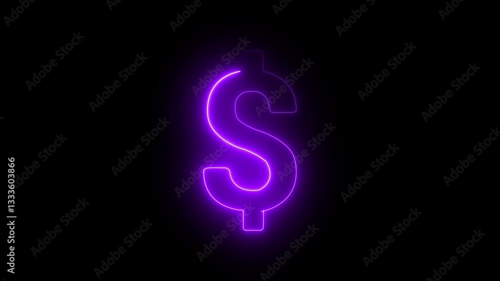 Glowing neon dollar icon animated. Dollar sign glowing purple color dollar icon on isolated black background. Glowing neon dollar icon animated. Dollar sign glowing purple color dollar icon on isolated black background.