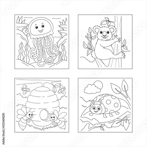 A fun coloring book page featuring a cartoon cat and bear in a fairytale setting, perfect for kids with simple outlines and playful details