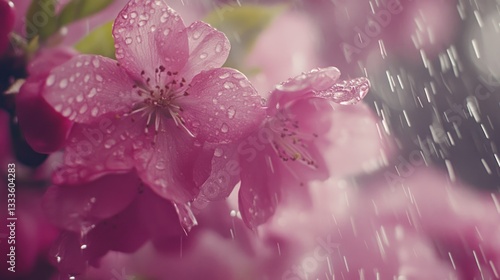 Pink blossoms in rain shower