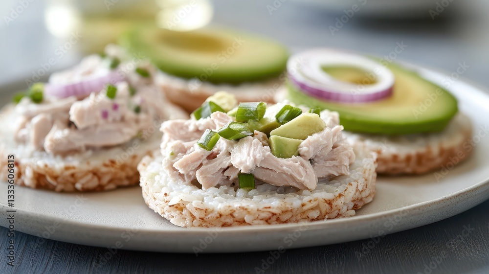 A snack of nutritious rice cakes topped with tuna salad, avocado, and red onion on a white plate. A snack of nutritious rice cakes topped with tuna salad, avocado, and red onion on a white plate.