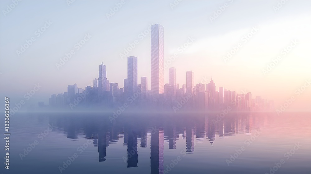 Fototapeta premium Minimalist cityscape at dawn with reflections in calm water showcasing modern architecture and serenity