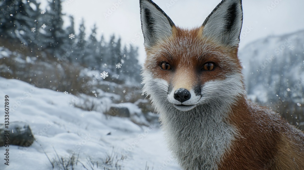 Obraz premium Winter Fox in Snowy Mountains