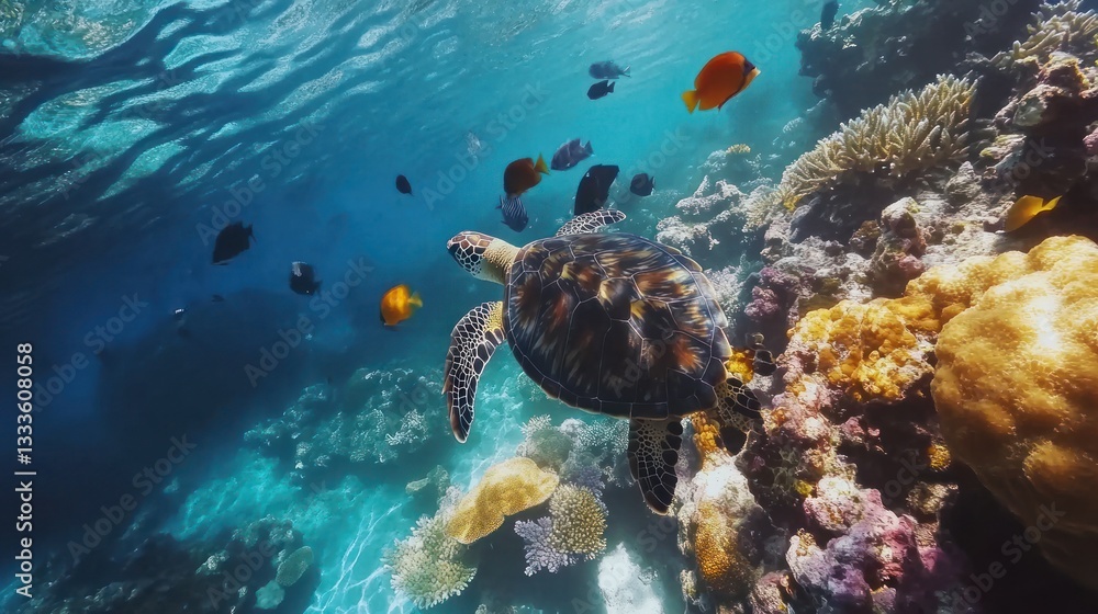 Obraz premium Majestic sea turtle gliding through vibrant coral reefs under sunlight waters