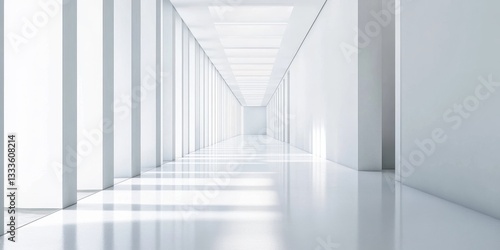 Abstract Interior Corridor: a modern architectural corridor bathed in natural light, the sleek design featuring repeating vertical elements and a vanishing point perspective.