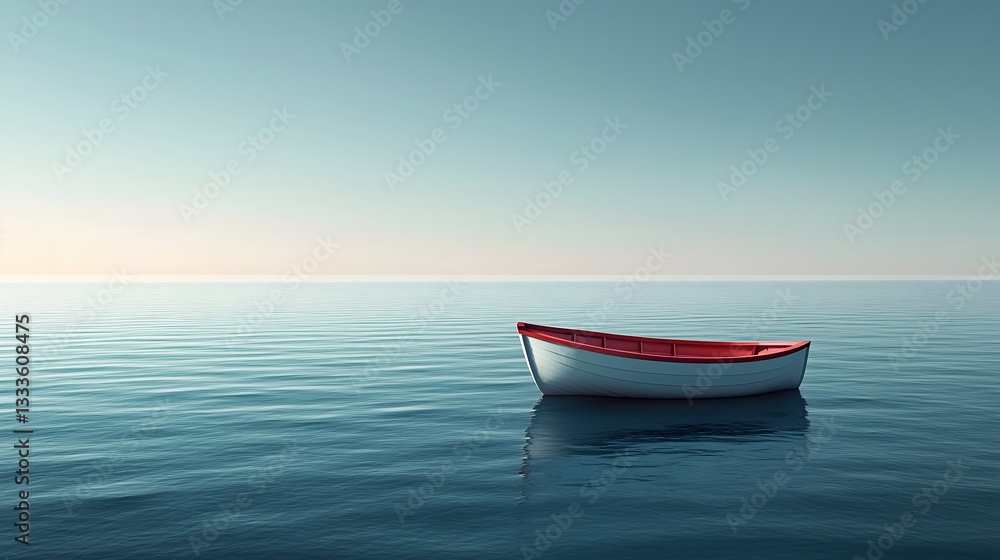 Minimalist ocean artwork featuring a small boat floating serenely on calm water during twilight hours Minimalist ocean artwork featuring a small boat floating serenely on calm water during twilight hours