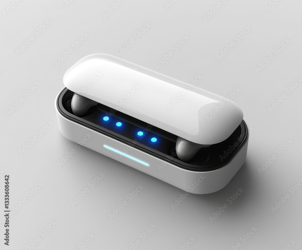 Sleek Earbuds with Charging Case: Modern and stylish wireless earbuds nestle in their charging case, highlighted by glowing blue indicator lights. Sleek Earbuds with Charging Case: Modern and stylish wireless earbuds nestle in their charging case, highlighted by glowing blue indicator lights.