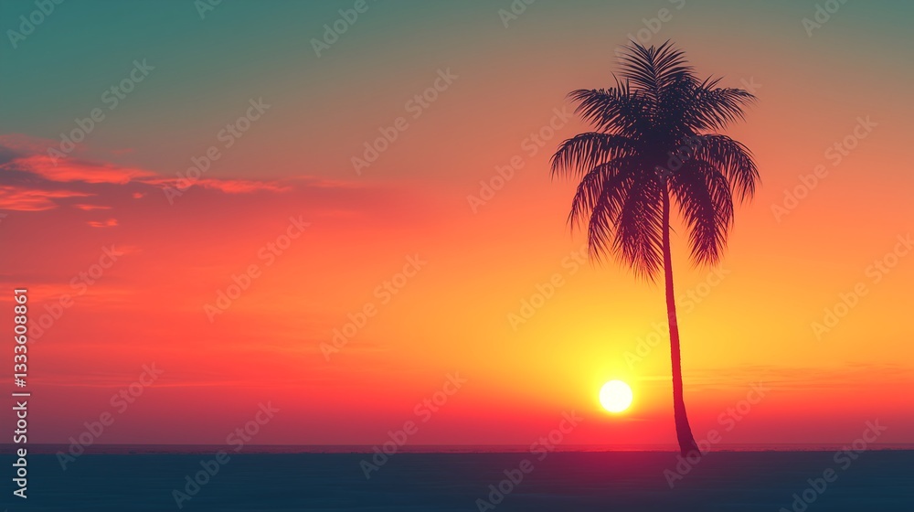 Minimalist sunset with palm tree silhouette over the horizon at twilight, blending warm hues above the calm sea Minimalist sunset with palm tree silhouette over the horizon at twilight, blending warm hues above the calm sea