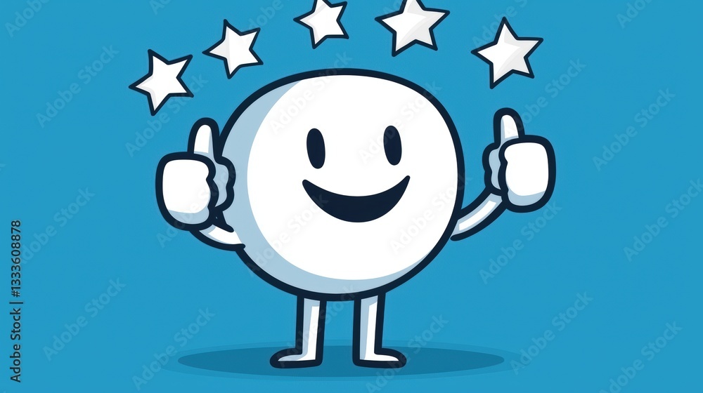 Five Star Review Happy cartoon character giving a thumbs up, with five stars floating above their head, expressing positive review, product endorsement, and customer delight. Five Star Review Happy cartoon character giving a thumbs up, with five stars floating above their head, expressing positive review, product endorsement, and customer delight.