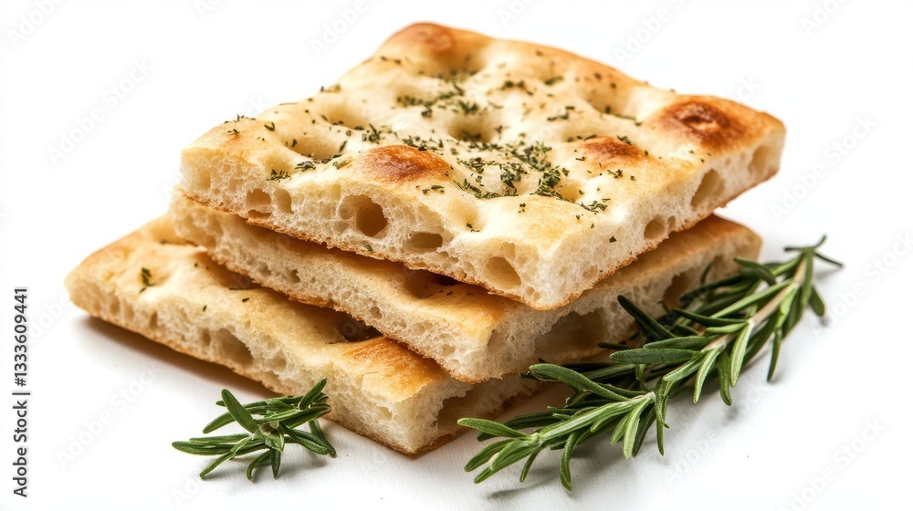 A stack of focaccia bread, sprinkled with herbs and accompanied by fresh rosemary, is presented against a white background. A stack of focaccia bread, sprinkled with herbs and accompanied by fresh rosemary, is presented against a white background.