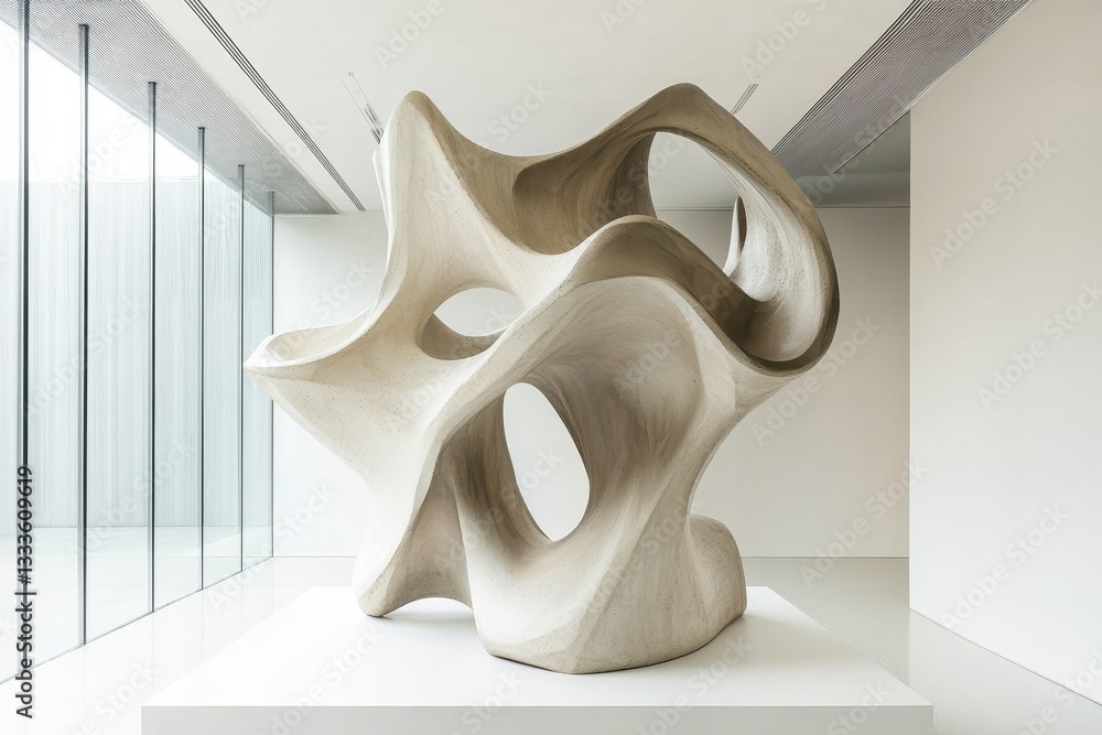 Obraz premium Modern Sculpture: A captivating abstract sculpture stands elegantly in a minimalist gallery setting, its flowing forms and textures creating a mesmerizing display of artistry.