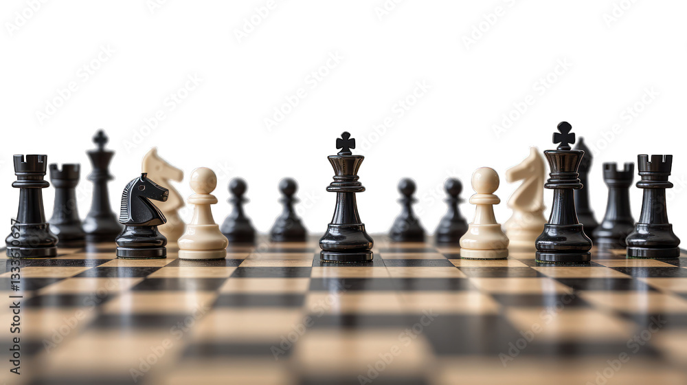 Naklejka premium A detailed chessboard with pieces mid-game on a transparent background