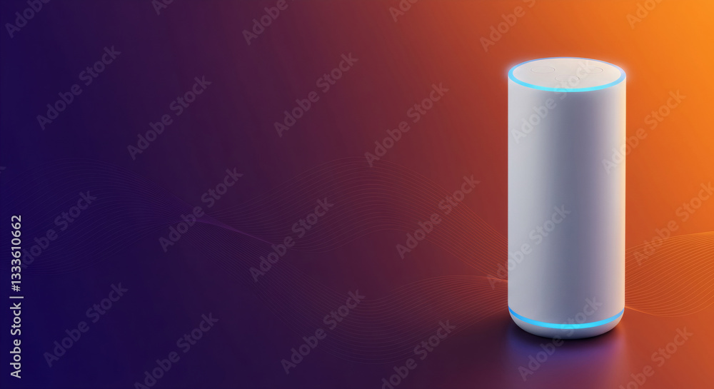 Smart home speaker on purple and orange gradient background. Voice assistant device. Artificial intelligence in daily life. Digital technology concept with copy space. Smart home speaker on purple and orange gradient background. Voice assistant device. Artificial intelligence in daily life. Digital technology concept with copy space.