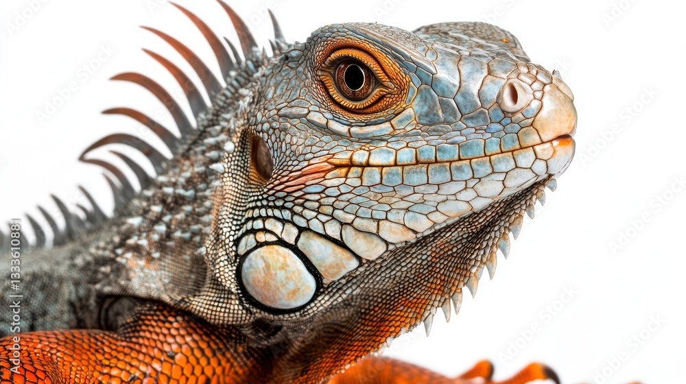 Fototapeta premium A stunning iguana displayed against a white background, showcasing its vibrant scales and unique features.