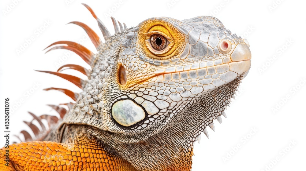 Obraz premium A stunning iguana displayed against a white background, showcasing its vibrant scales and unique features.