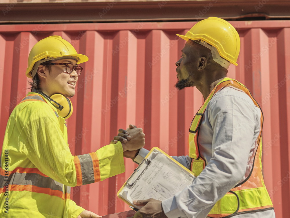 Construction engineers are controlling the handshake, agreeing on the progress of the construction project, standing on the new factory. Consulting engineers, officers inspecting the containers