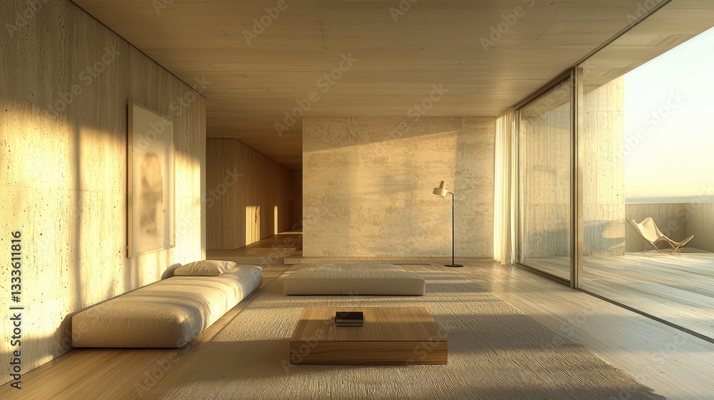 Naklejka premium Living room Minimalist Furniture A living room with a simple gray sofa, a minimalist wood coffee table, and a single floor lamp, creating a clean and uncluttered space.