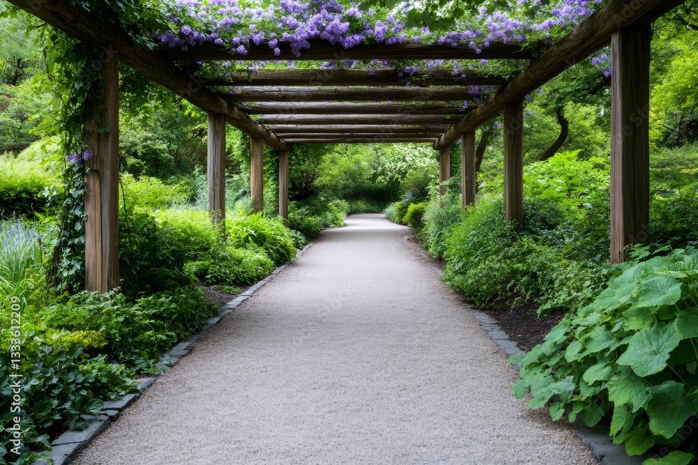 Gravel path under wooden pergola with wisteria blooming in a lush garden Gravel path under wooden pergola with wisteria blooming in a lush garden