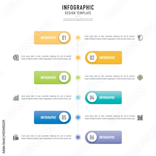 Mind map infographic template or element with 6 step, process, option, colorful 3D tag, rectangle, icons, square, bar, button, paper origami, thin line, linear for sale slide, flowchart, brochure