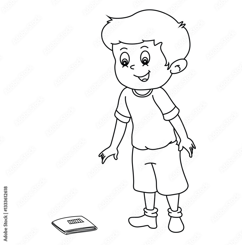 Cute cartoon hand drawn vector smiley boy find the purse coloring page. Cute cartoon hand drawn vector smiley boy find the purse coloring page.