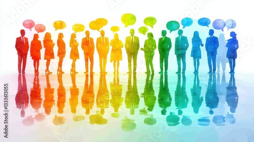 Team Collaboration Diverse group of people brainstorming ideas with colorful speech bubbles connecting their thoughts, illustrating teamwork and communication.