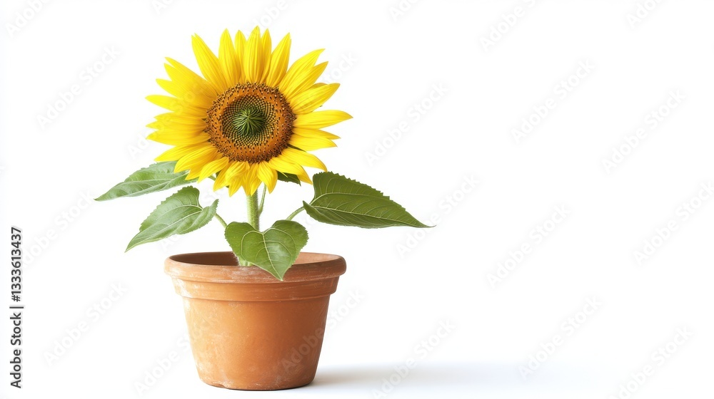 Obraz premium A sunflower in a flower pot, isolated on a white background, showcasing its vibrant yellow petals and green foliage.