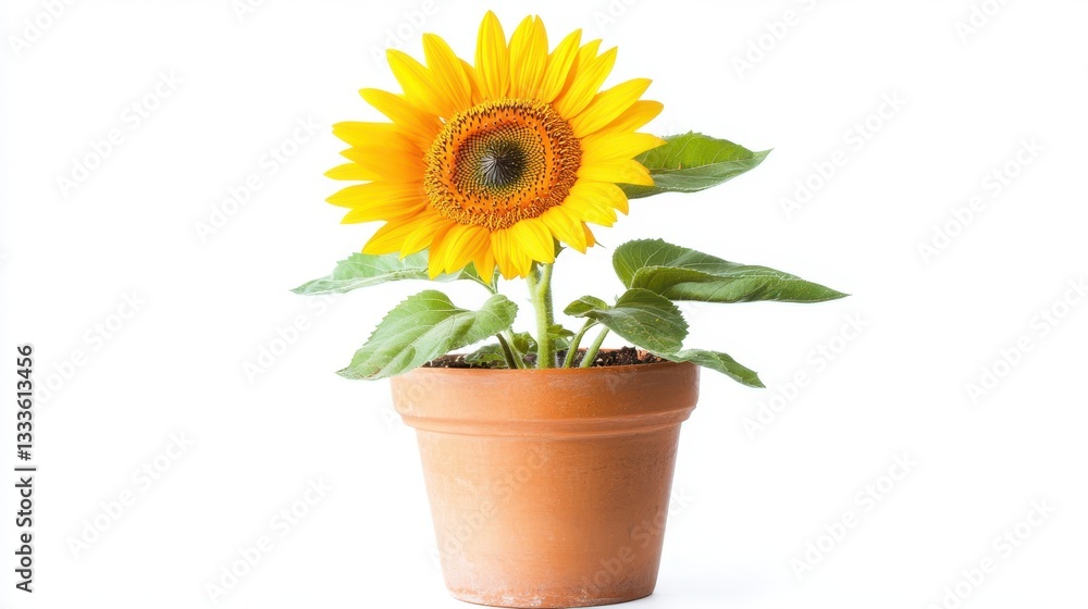 Obraz premium A sunflower in a flower pot, isolated on a white background, showcasing its vibrant yellow petals and green foliage.