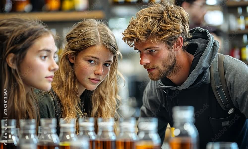 Three young adults engaged in a discussion over various jars of honey in a cozy shop Three young adults engaged in a discussion over various jars of honey in a cozy shop