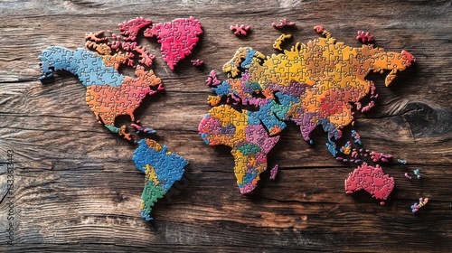 Multicultural or Global Team Colorful puzzle pieces fitting together to form a world map, symbolizing the collaborative efforts of a global team.