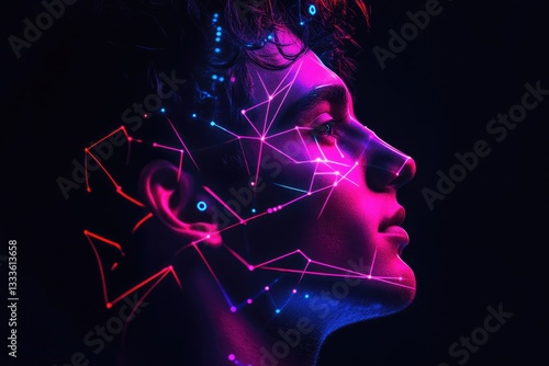 A profile of a person's face illuminated with vibrant pink and blue neon lights, forming a futuristic constellation-like pattern.