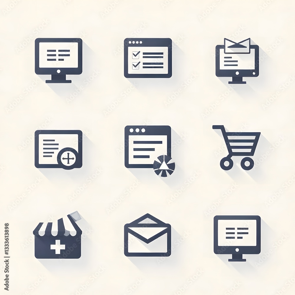 Website Elements and Online Shopping Icons for E-commerce and Digital Presence Website Elements and Online Shopping Icons for E-commerce and Digital Presence