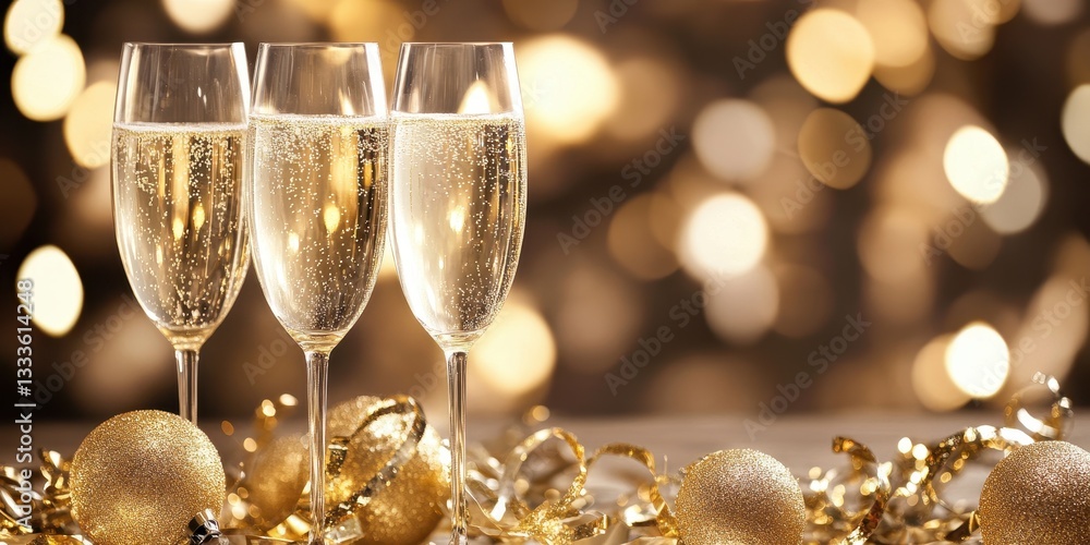 Sparkling Toast to Celebrations: A close-up shot of three champagne glasses, filled with bubbly champagne, creating a festive atmosphere, complemented by elegant golden ornaments. Sparkling Toast to Celebrations: A close-up shot of three champagne glasses, filled with bubbly champagne, creating a festive atmosphere, complemented by elegant golden ornaments.