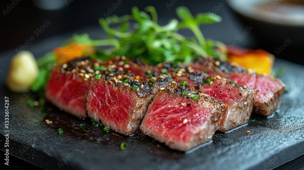 Seared beef slices with vibrant garnish Seared beef slices with vibrant garnish