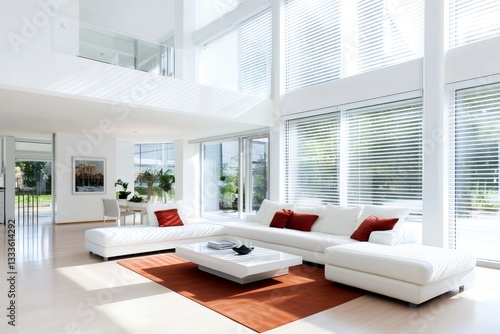 Modern white living room with large windows illuminating spacious interior