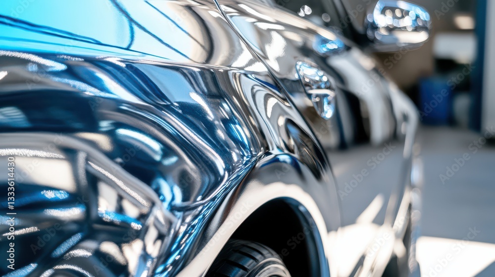 Reflections on a Polished Car Surface in Automotive Workshop Reflections on a Polished Car Surface in Automotive Workshop