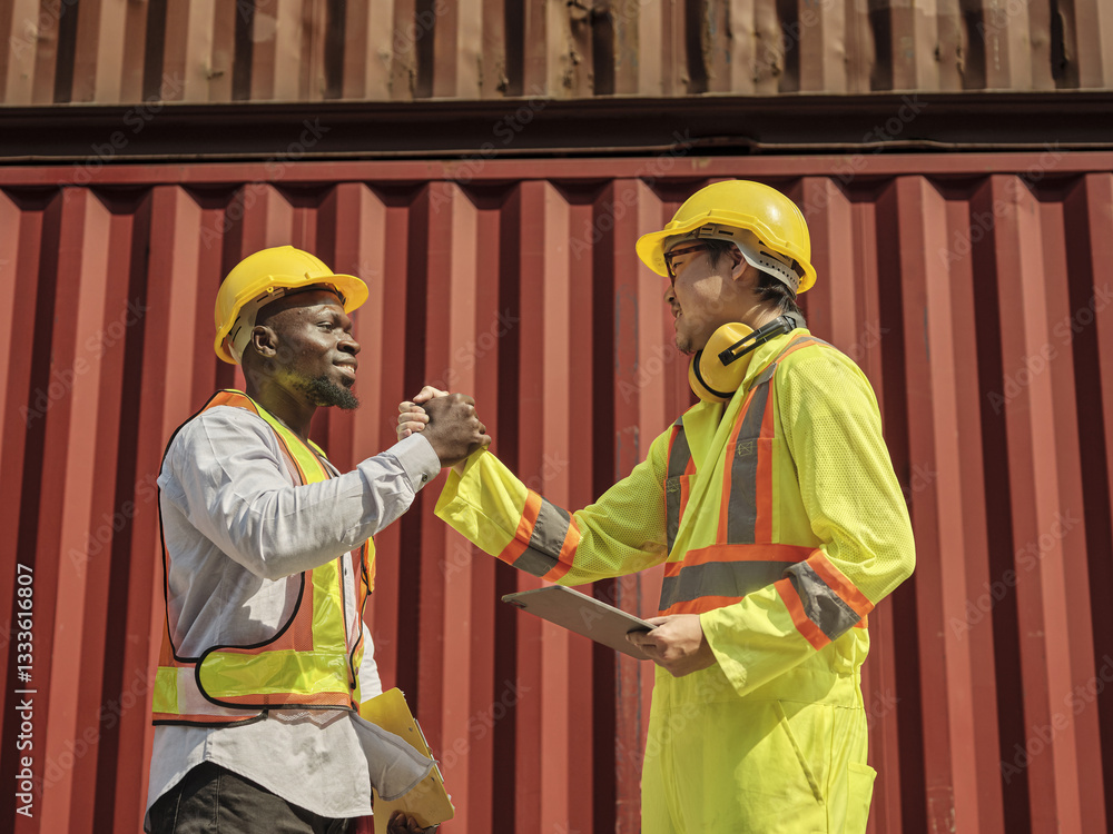 Construction engineers are controlling the handshake, agreeing on the progress of the construction project, standing on the new factory. Consulting engineers, officers inspecting the containers