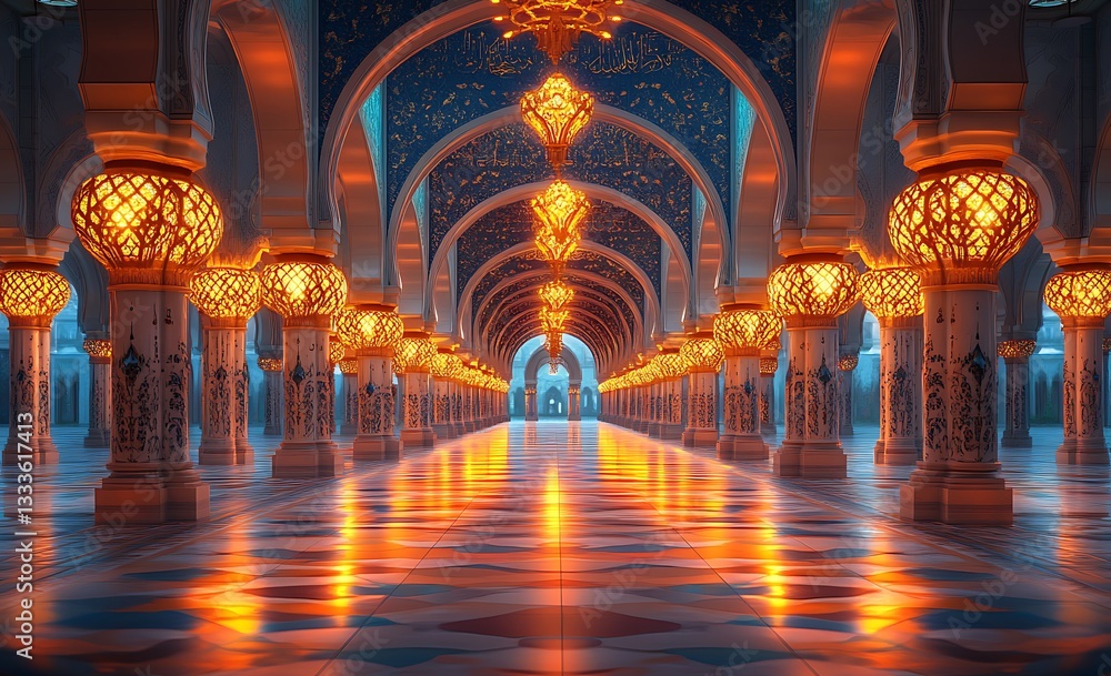 Obraz premium Intricate Arches and Glowing Lanterns in a Serene, Colorful Corridor