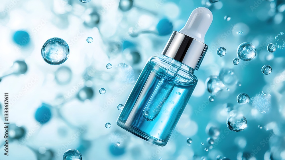 Blue Serum Bottle with Droplets and Molecules Blue Serum Bottle with Droplets and Molecules