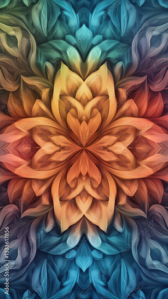 A striking mandala-inspired digital artwork merging warm earth tones with cool blues in a bold, symmetrical floral pattern.
A striking mandala-inspired digital artwork merging warm earth tones with cool blues in a bold, symmetrical floral pattern.