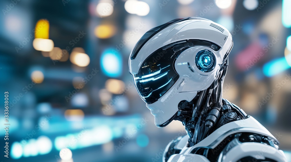 Fototapeta premium Futuristic robot with glowing blue eye in high-tech environment. Artificial intelligence concept. Cybernetic technology and machine learning for automation industry