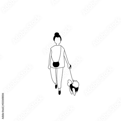 犬の散歩をする女性のシンプルイラスト
