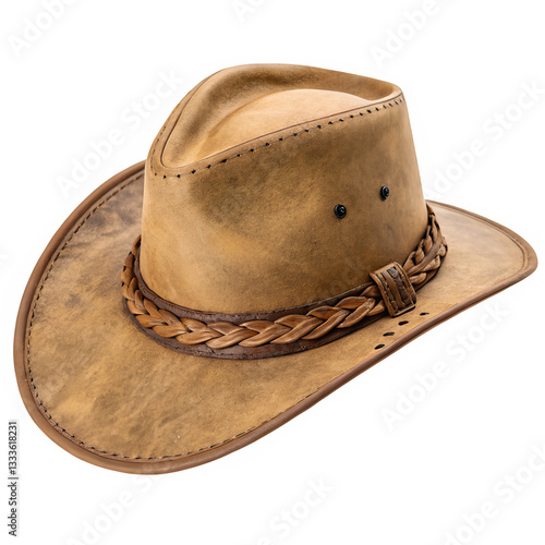 A rugged Western-style cowboy hat made of tan leather with a curved brim.