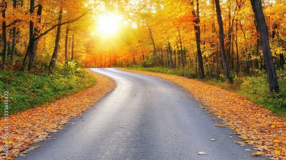 Obraz premium Serene Autumn Road Surrounded by Vibrant Fall Foliage and Sunshine