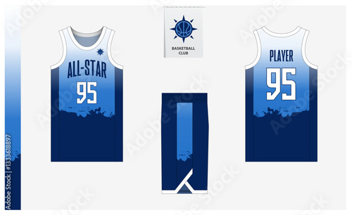 Basketball uniform mockup template design for sport club. Basketball jersey, basketball shorts in front and back view. Basketball logo design. 