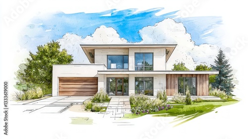 Modern Eco Home Architectural Design  Watercolor Sketch  House Plan