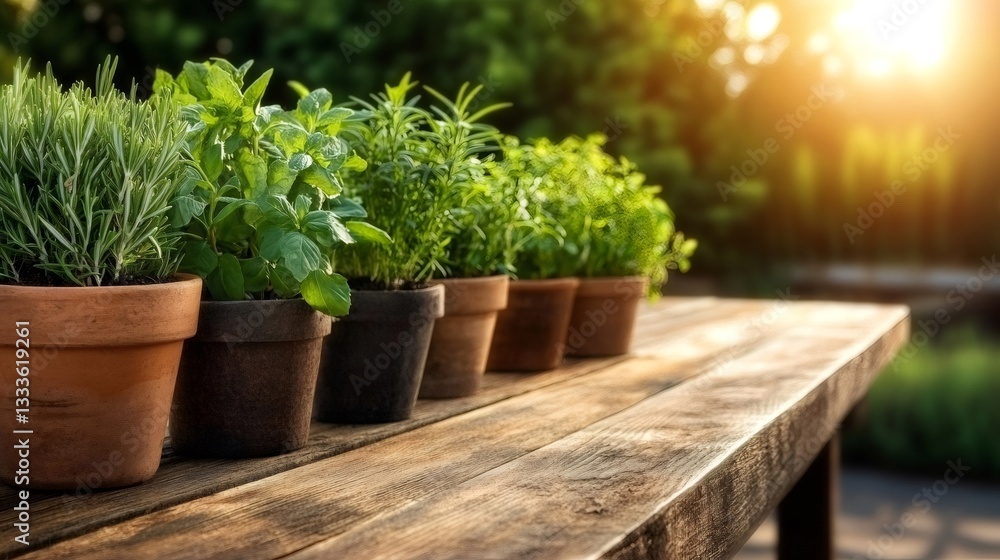 Aromatic herbs growing in terracotta pots on a wooden table at sunset Aromatic herbs growing in terracotta pots on a wooden table at sunset