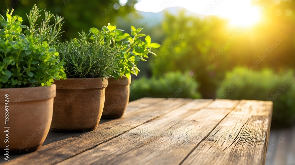 Terracotta pots with herbs growing on a wooden table at sunset