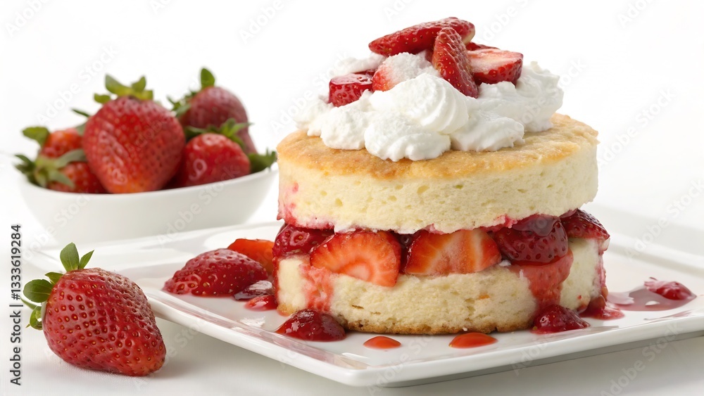 Strawberry Shortcake with Fresh Berries and Whipped Cream, Isolated on a White Background, High-Resolution Bakery Stock Photo capturing a light and refreshing dessert. Strawberry Shortcake with Fresh Berries and Whipped Cream, Isolated on a White Background, High-Resolution Bakery Stock Photo capturing a light and refreshing dessert.